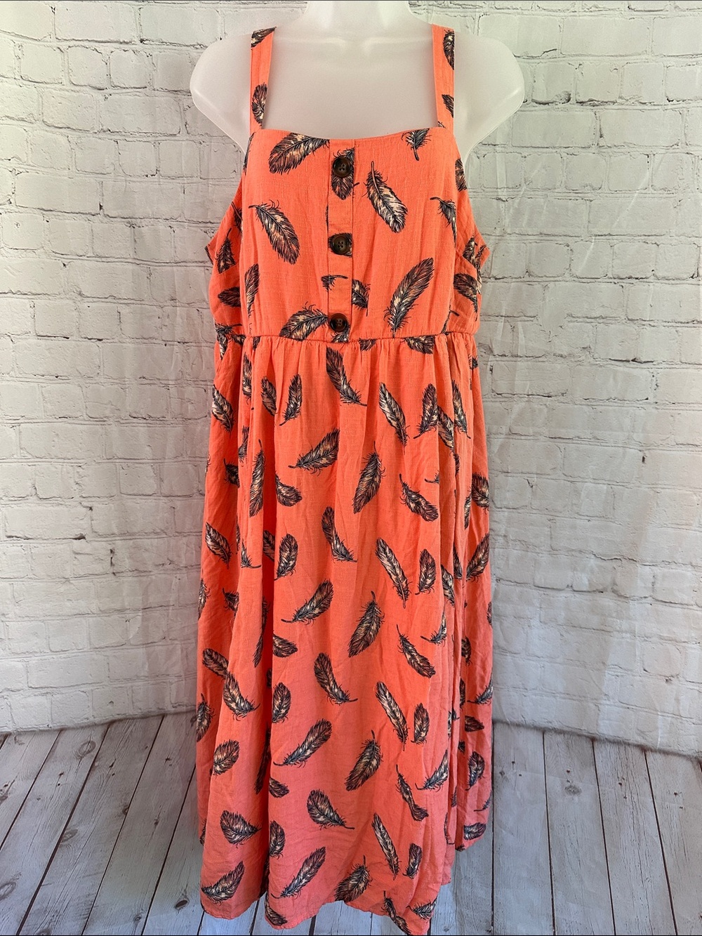 Torrid Coral Feather Print Crosshatch Midi Dress Size 0 Torrid (12-14) pockets